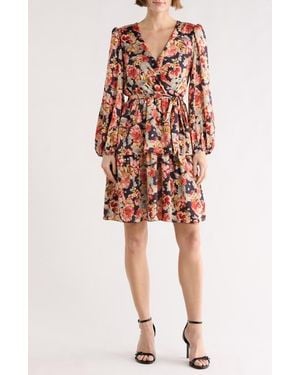 Julia Jordan Floral Ruffle Long Sleeve A-Line Dress - Red
