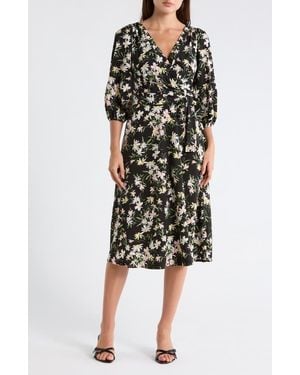 DKNY Balloon Sleeve Faux Wrap Midi Dress - Multicolor