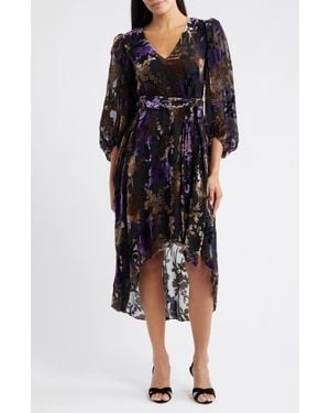Eliza J Floral Burnout Velvet Puff Sleeve Midi Dress - Black