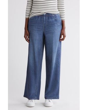 ecru Mirage Denim Printed French Terry Wide Leg Pants - Blue