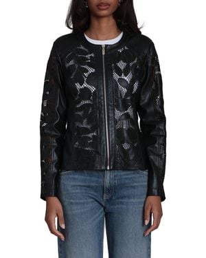 Bagatelle Embroidered Lace Faux Leather Moto Jacket - Black