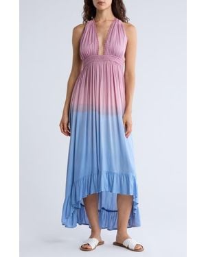 Boho Me Open Back Plunge Neck Ombré Halter Dress - Blue