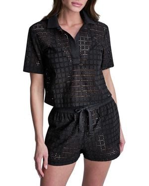 DKNY Short Sleeve Eyelet Johnny Collar Top - Black