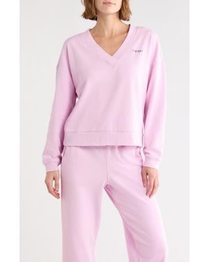 DKNY Metallic Logo V-Neck French Terry Sweatshirt - Pink