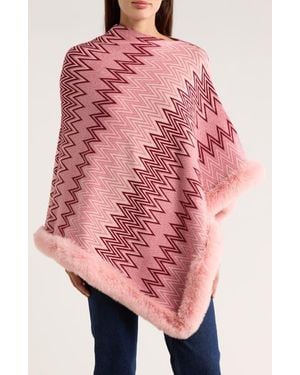 La Fiorentina Zigzag Poncho With Faux Fur Trim - Pink