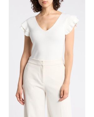 Tahari Ruffle Sleeve Fitted Sweater - White
