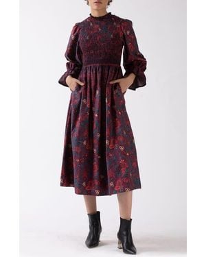CELINA MOON Aurnia Smocked Long Sleeve Midi Dress - Red