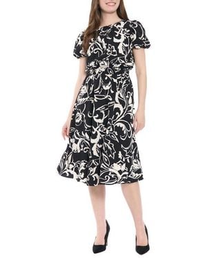 London Times Puff Sleeve Midi Dress - Black