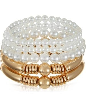 Ettika Set Of 5 Faux Pearl & Metallic Beaded Stretch Bracelets - Natural