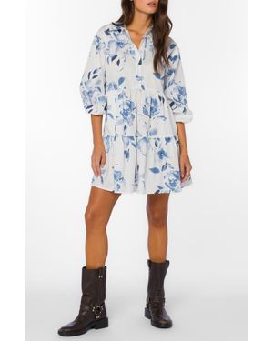 Velvet Heart Floral Balloon Sleeve Cotton Tiered Shirtdress - Blue