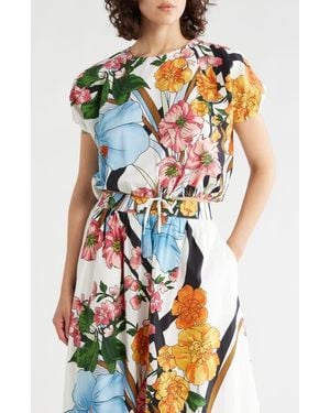 Tahari Short Sleeve Tie Waist Crop Top - Blue