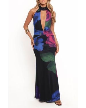 Petal & Pup Antoine Plunge Halter Neck Mesh Maxi Dress - Blue