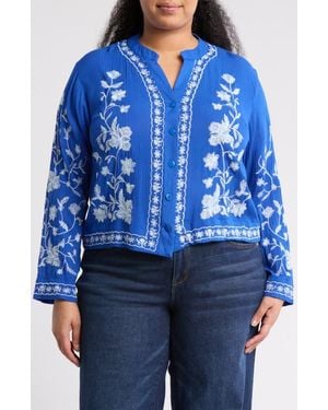 Forgotten Grace Floral Embroidered Long Sleeve Button-Up Top - Blue