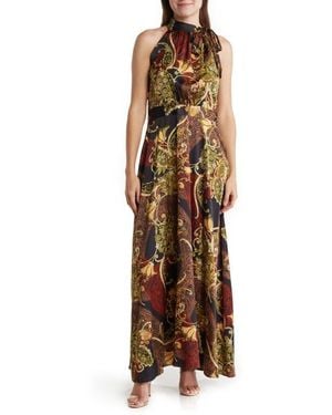 Tahari Halter Side Tie Neck Paisley Maxi Dress - Brown