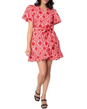Gibsonlook Batik Print Flutter Sleeve Cotton Poplin Dress - Red