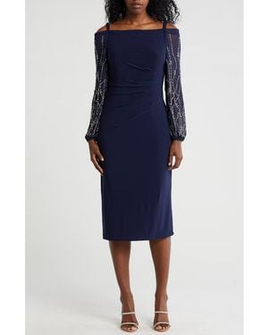 Marina Beaded Long Sleeve Velvet Sheath Dress in Blue | Lyst Marina Beaded Long Sleeve Velvet Sheath Dress in Blue | Lyst