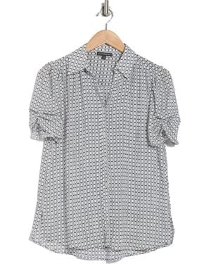 Adrianna Papell Patterned Pinch Sleeve Button-Up Shirt - Gray