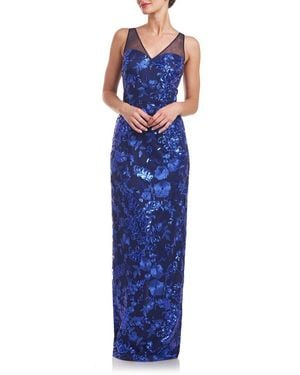 JS Collections Baylor Embroidered Sequin Sleeveless Gown - Blue