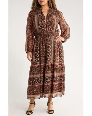 Gibsonlook The Leyla Print Smocked Long Sleeve Maxi Dress - Brown