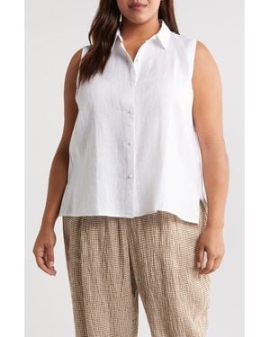 Eileen Fisher Classic Sleeveless Organic Linen Button-Up Shirt - White