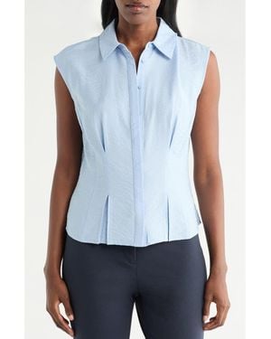Pleione Cap Sleeve Pleated Button-Up Shirt - Blue