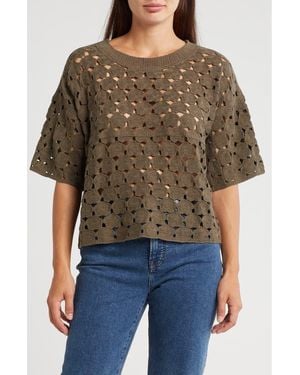 Bobeau Floral Crochet Short Sleeve Top - Black
