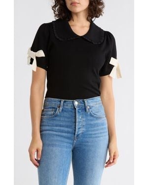 Adrianna Papell Ruffle Peter Pan Collar Short Sleeve Sweater - Black