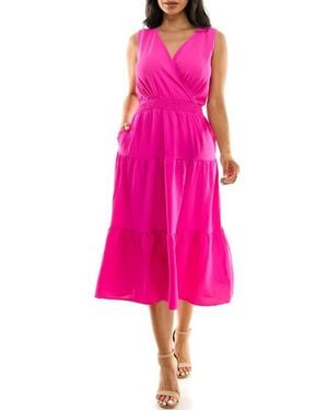 Nina Leonard Tiered Midi Dress - Pink