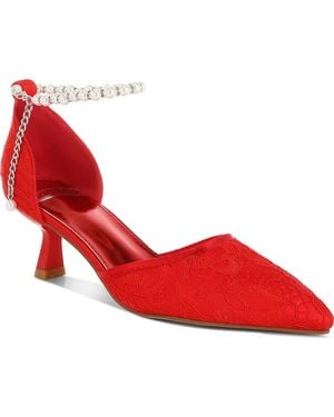 Rag & Co Bruna Faux Pearl Ankle Tie Lace Pump - Red