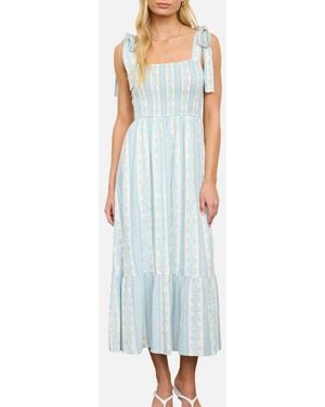 AUGUST SKY Shoulder Tie Smocked Midi Dress - Blue