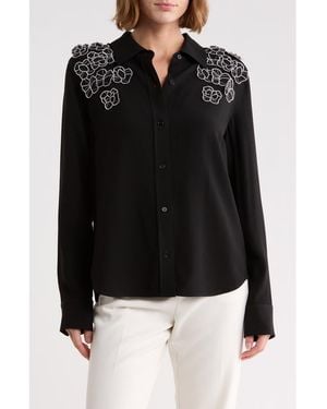 Rebecca Taylor Mia Floral Appliqué Long Sleeve Crepe Button-Up Shirt - Black