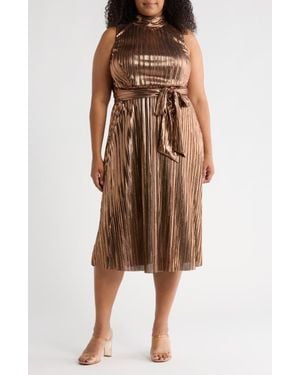 Eliza J Sleeveless Metallic Pleated Midi Dress - Natural