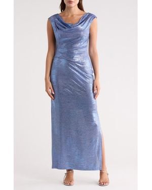 Connected Apparel Metallic Cowl Neck Sleeveless Gown - Blue