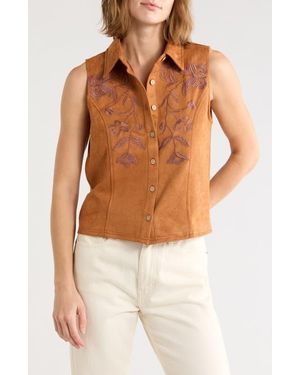 Forgotten Grace Embroidered Faux Suede Button Front Tank - Brown