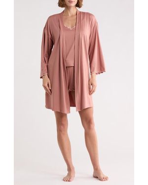Danskin Scalloped Jersey Robe, Camisole & Shorts Set - Pink