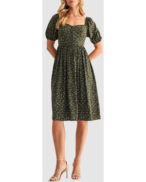 Lush Puff Sleeve Lace Trim Midi Dress - Green