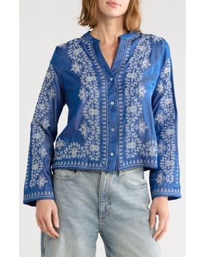 Forgotten Grace Embroidered Button Up Cotton & Linen Top - Blue