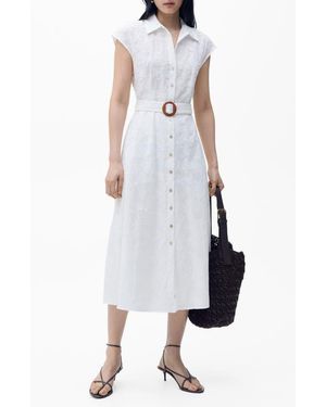 Mango Floral Embroidered Cap Sleeve Cotton Shirtdress - White