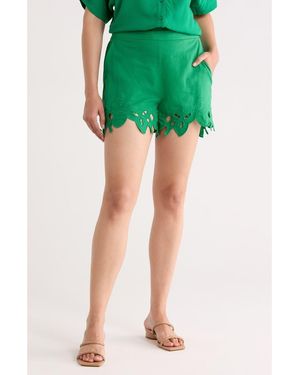 Tahari Embroidered Hem Linen Blend Shorts - Green
