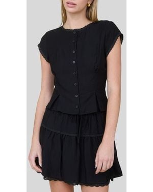 Blu Pepper Lace Trim Cap Sleeve Button-Up Top - Black