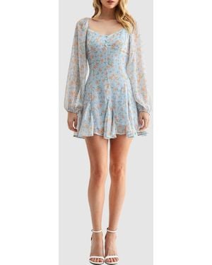 Lush Floral Long Sleeve Fit & Flare Minidress - Blue