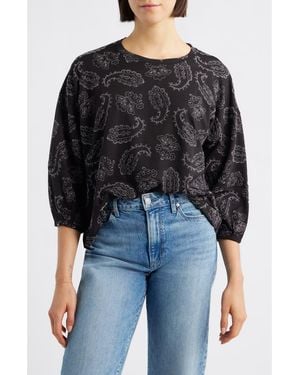 Bobeau Embroidered Puff Sleeve Top - Black