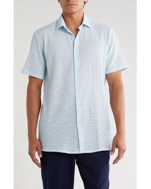 T.R. Premium Textured Knit Short Sleeve Button-Up Shirt - Blue