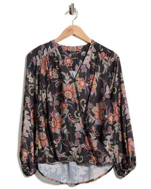 Tahari Long Sleeve Faux Wrap Blouse - Black