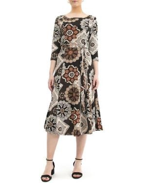 Nina Leonard Sylvia Printed Tie Waist Midi Dress - Natural