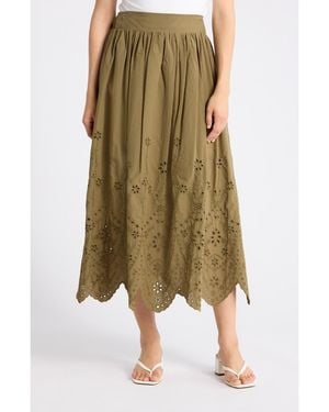 Tahari Embroidered Eyelet Cotton Skirt - Green