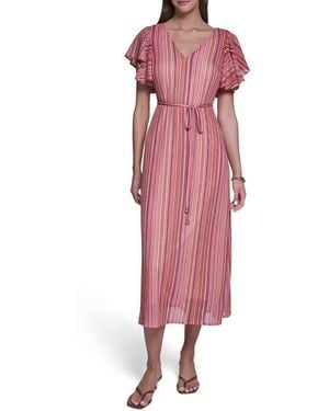 Halston V-Neck Ruffled Sleeve Midi Dress - Pink