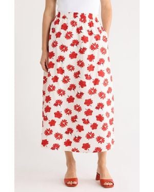 Tahari Printed Cotton Midi Skirt - Red