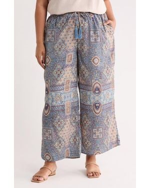 Tahari Patchwork Print Pull-On Wide Leg Pants - Blue