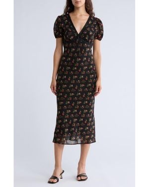 Lush Lace Trim Puff Sleeve Empire Waist Midi Dress - Black